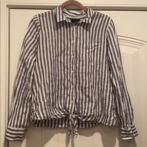 JCrew Blue White Stripe Tie Waist Linen Shirt 10